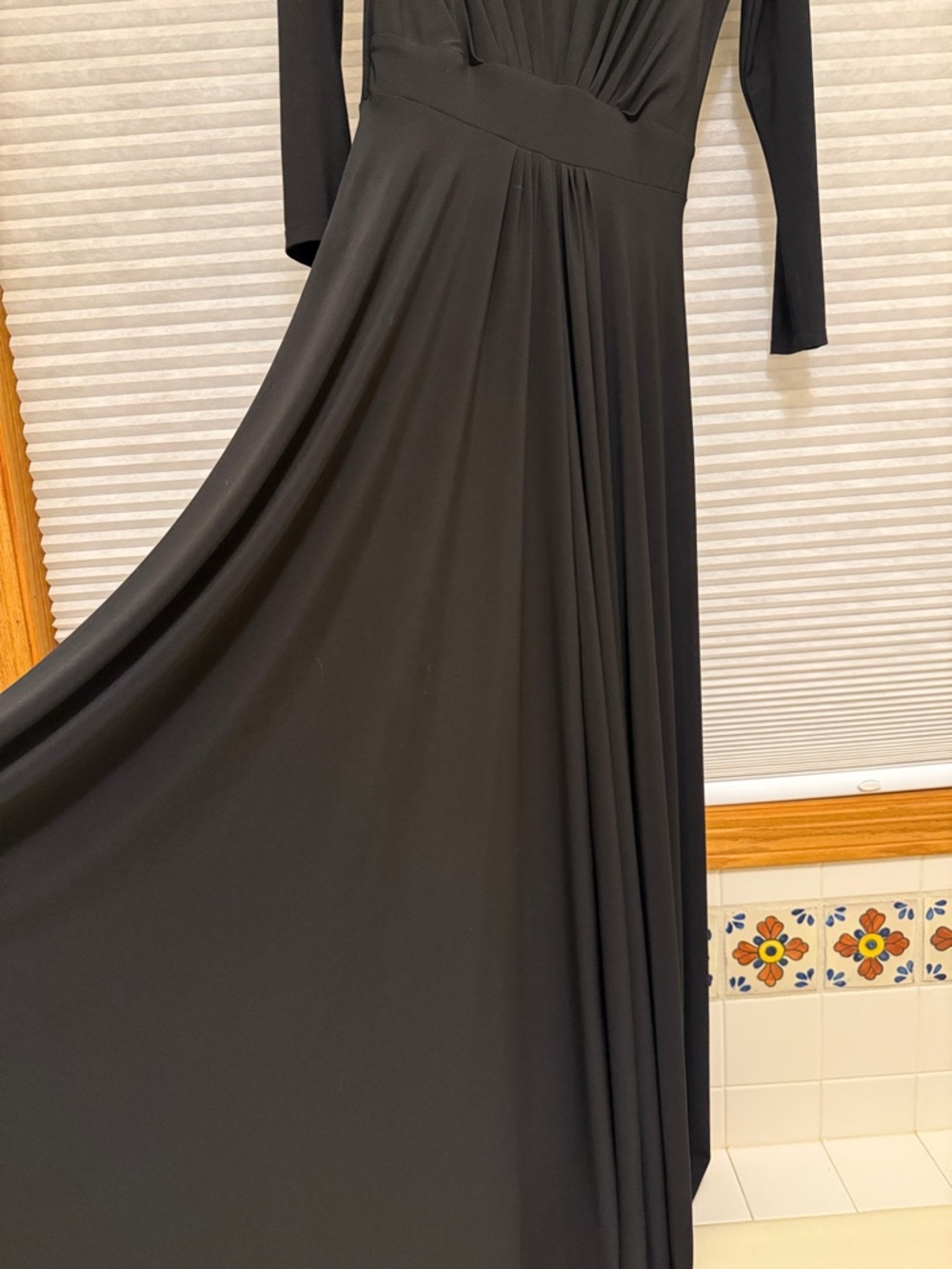 Black Long-Sleeve Maxi Dress with Gathered Waist